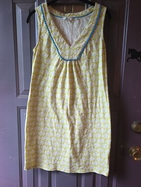 Womens Boden 100% Cotton Dress With Stretch Size 10 Yellow White And Blue Trim
